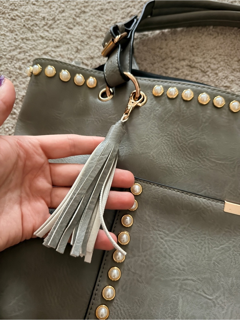 Yoki Dark Gray Studded Tote with Tassel and Pearls - Picture 5 of 10